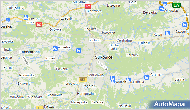 mapa Sułkowice powiat myślenicki, Sułkowice powiat myślenicki na mapie Targeo