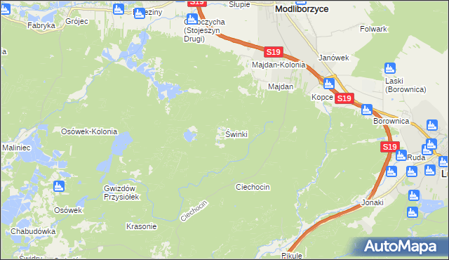 mapa Świnki gmina Modliborzyce, Świnki gmina Modliborzyce na mapie Targeo