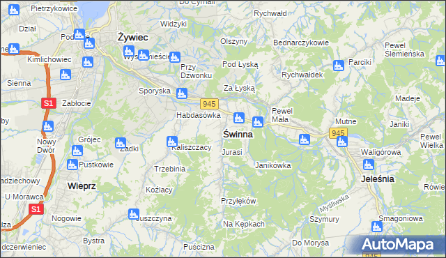 mapa Świnna powiat żywiecki, Świnna powiat żywiecki na mapie Targeo