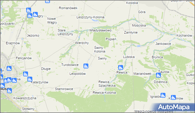 mapa Świny gmina Koluszki, Świny gmina Koluszki na mapie Targeo