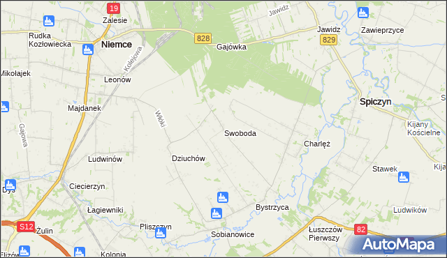 mapa Swoboda gmina Niemce, Swoboda gmina Niemce na mapie Targeo