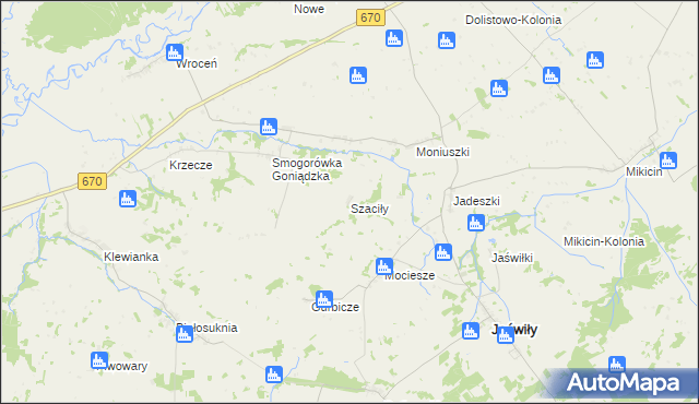 mapa Szaciły gmina Jaświły, Szaciły gmina Jaświły na mapie Targeo