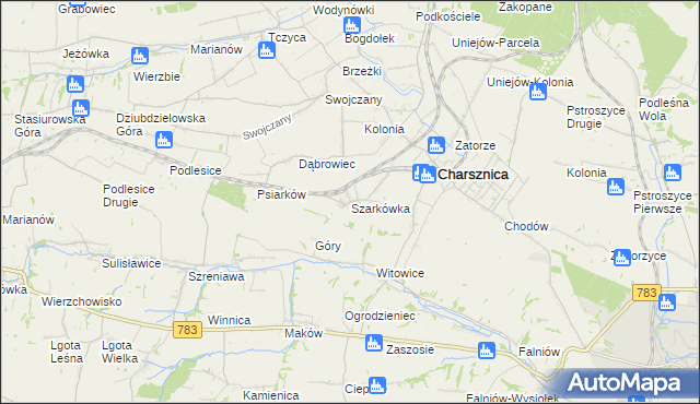 mapa Szarkówka gmina Charsznica, Szarkówka gmina Charsznica na mapie Targeo