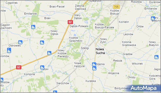 mapa Szeligi gmina Nowa Sucha, Szeligi gmina Nowa Sucha na mapie Targeo