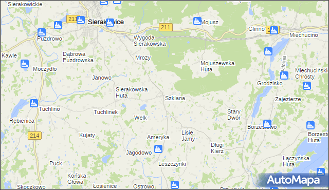 mapa Szklana gmina Sierakowice, Szklana gmina Sierakowice na mapie Targeo