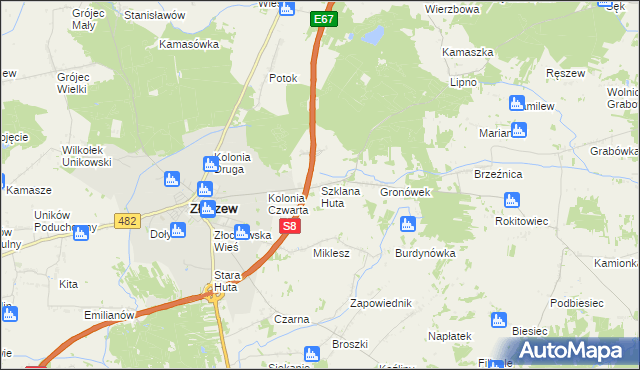 mapa Szklana Huta gmina Złoczew, Szklana Huta gmina Złoczew na mapie Targeo