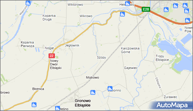 mapa Szopy gmina Gronowo Elbląskie, Szopy gmina Gronowo Elbląskie na mapie Targeo