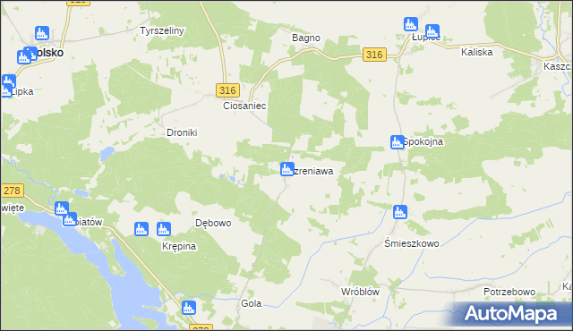 mapa Szreniawa gmina Sława, Szreniawa gmina Sława na mapie Targeo