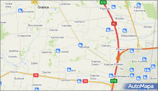 mapa Szydłów gmina Grabica, Szydłów gmina Grabica na mapie Targeo