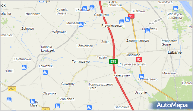 mapa Tadzin gmina Lubanie, Tadzin gmina Lubanie na mapie Targeo