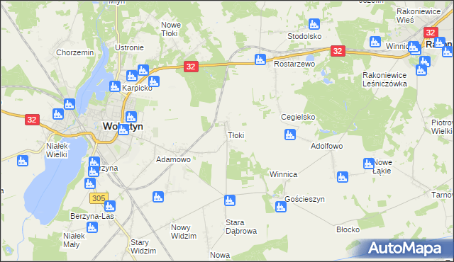 mapa Tłoki gmina Wolsztyn, Tłoki gmina Wolsztyn na mapie Targeo