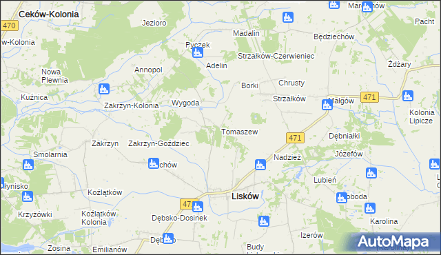 mapa Tomaszew gmina Lisków, Tomaszew gmina Lisków na mapie Targeo