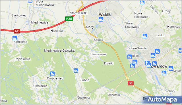 mapa Tomaszew gmina Wiskitki, Tomaszew gmina Wiskitki na mapie Targeo