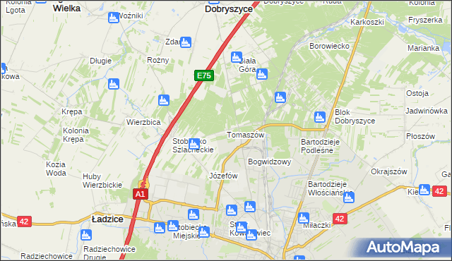 mapa Tomaszów gmina Ładzice, Tomaszów gmina Ładzice na mapie Targeo