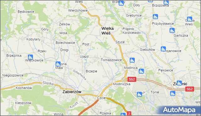 mapa Tomaszowice gmina Wielka Wieś, Tomaszowice gmina Wielka Wieś na mapie Targeo