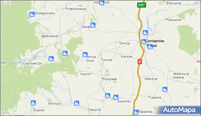 mapa Tomice gmina Jordanów Śląski, Tomice gmina Jordanów Śląski na mapie Targeo