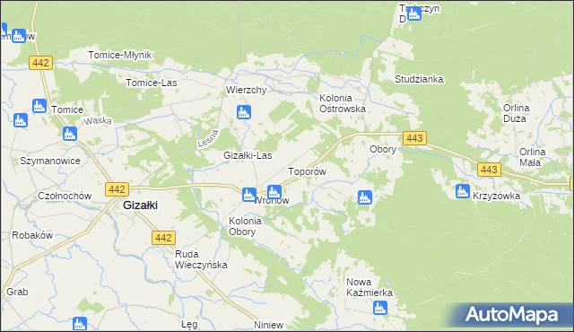 mapa Toporów gmina Gizałki, Toporów gmina Gizałki na mapie Targeo