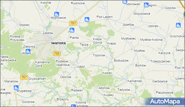 mapa Toporów gmina Iwaniska, Toporów gmina Iwaniska na mapie Targeo