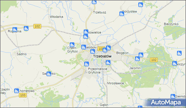 mapa Trzebiatów powiat gryficki, Trzebiatów powiat gryficki na mapie Targeo