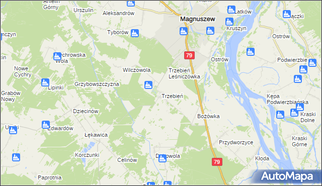 mapa Trzebień gmina Magnuszew, Trzebień gmina Magnuszew na mapie Targeo