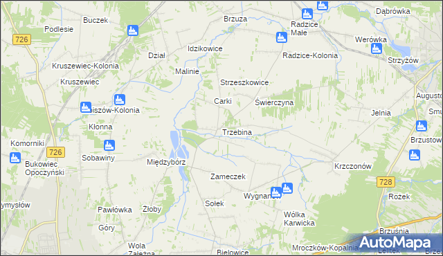 mapa Trzebina gmina Drzewica, Trzebina gmina Drzewica na mapie Targeo