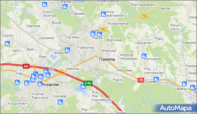 mapa Trzebinia powiat chrzanowski, Trzebinia powiat chrzanowski na mapie Targeo