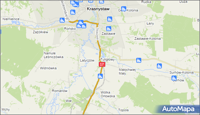 mapa Tuligłowy gmina Krasnystaw, Tuligłowy gmina Krasnystaw na mapie Targeo