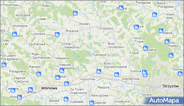 mapa Tułkowice gmina Wiśniowa, Tułkowice gmina Wiśniowa na mapie Targeo