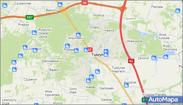 mapa Tuszyn powiat łódzki wschodni, Tuszyn powiat łódzki wschodni na mapie Targeo