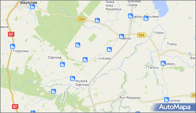 mapa Unikowo gmina Bisztynek, Unikowo gmina Bisztynek na mapie Targeo