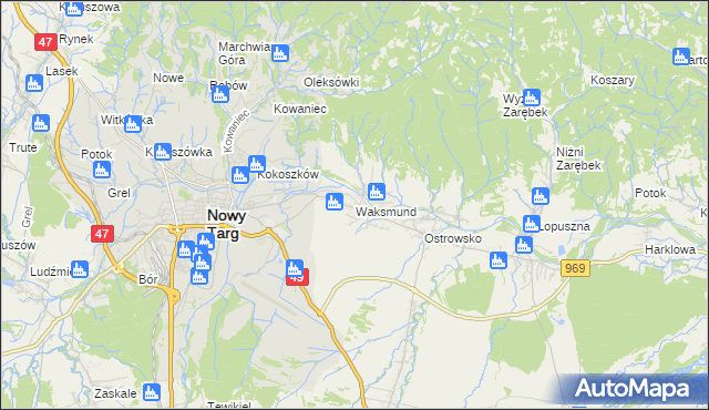 mapa Waksmund, Waksmund na mapie Targeo
