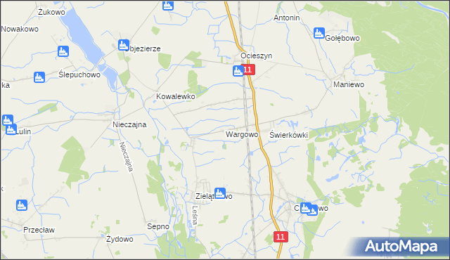 mapa Wargowo gmina Oborniki, Wargowo gmina Oborniki na mapie Targeo