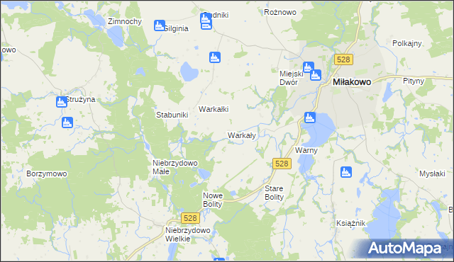 mapa Warkały gmina Miłakowo, Warkały gmina Miłakowo na mapie Targeo