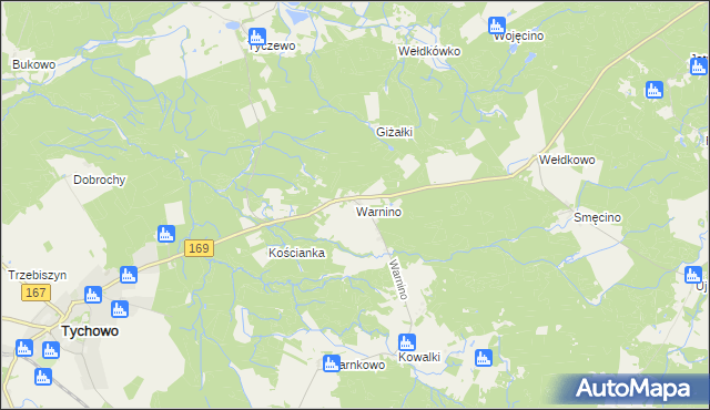 mapa Warnino gmina Tychowo, Warnino gmina Tychowo na mapie Targeo
