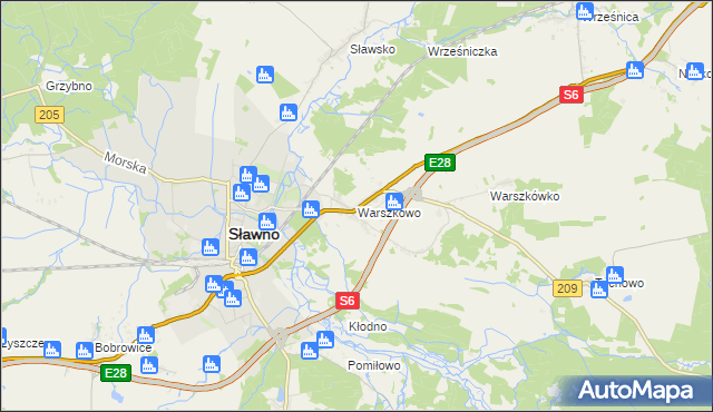mapa Warszkowo gmina Sławno, Warszkowo gmina Sławno na mapie Targeo