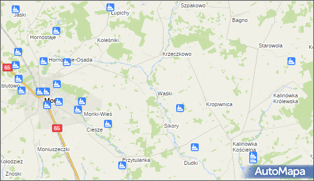 mapa Waśki gmina Mońki, Waśki gmina Mońki na mapie Targeo