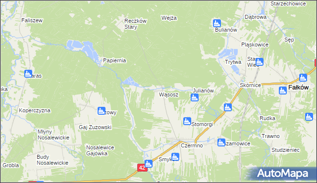 mapa Wąsosz gmina Fałków, Wąsosz gmina Fałków na mapie Targeo