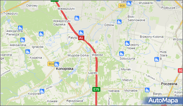 mapa Wąsosz gmina Konopiska, Wąsosz gmina Konopiska na mapie Targeo
