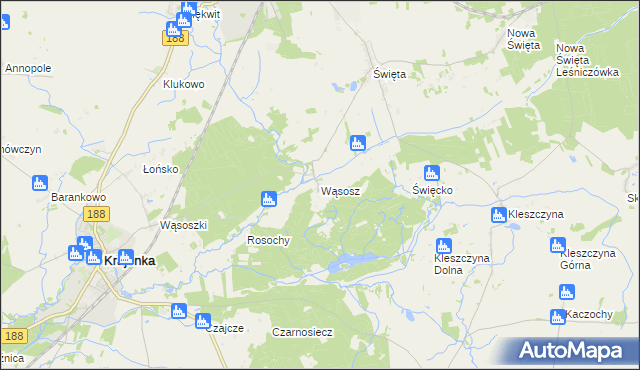 mapa Wąsosz gmina Złotów, Wąsosz gmina Złotów na mapie Targeo