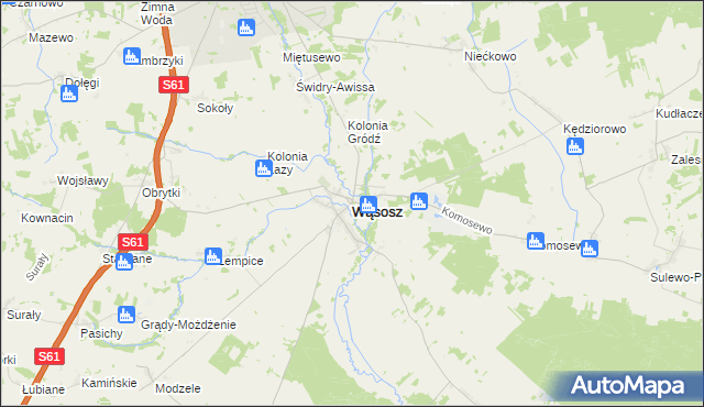 mapa Wąsosz powiat grajewski, Wąsosz powiat grajewski na mapie Targeo