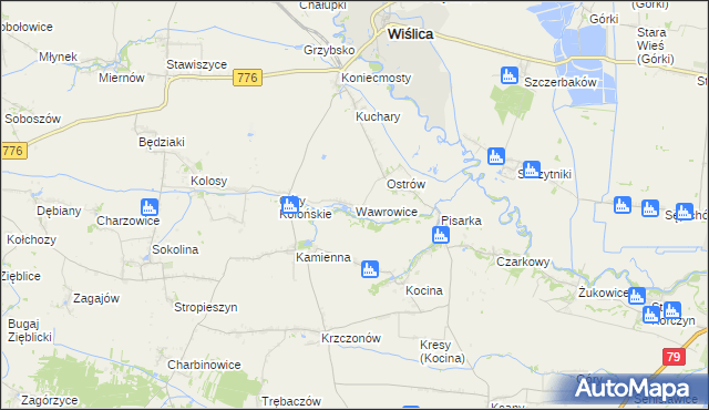 mapa Wawrowice gmina Wiślica, Wawrowice gmina Wiślica na mapie Targeo