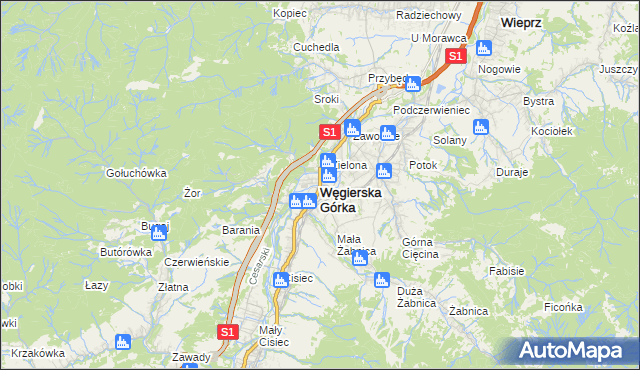 mapa Węgierska Górka, Węgierska Górka na mapie Targeo