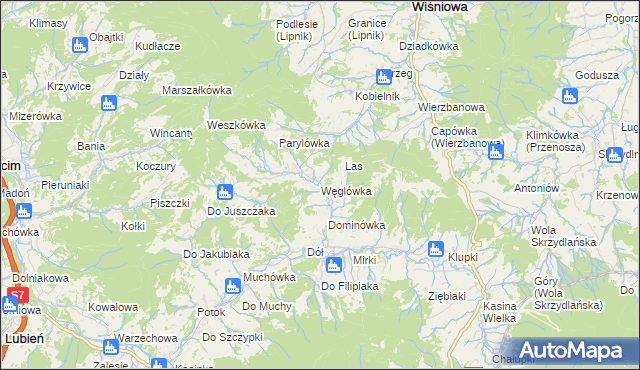 mapa Węglówka gmina Wiśniowa, Węglówka gmina Wiśniowa na mapie Targeo