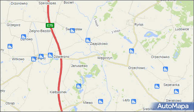 mapa Węgorzyn gmina Ryńsk, Węgorzyn gmina Ryńsk na mapie Targeo