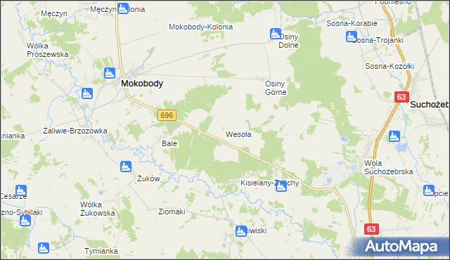 mapa Wesoła gmina Mokobody, Wesoła gmina Mokobody na mapie Targeo