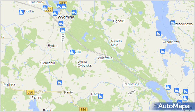 mapa Wężówka gmina Wydminy, Wężówka gmina Wydminy na mapie Targeo