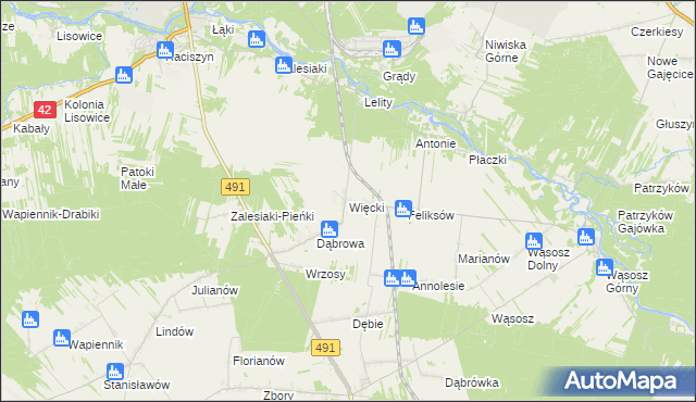 mapa Więcki gmina Popów, Więcki gmina Popów na mapie Targeo