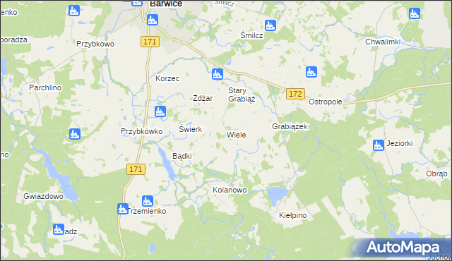 mapa Wiele gmina Barwice, Wiele gmina Barwice na mapie Targeo