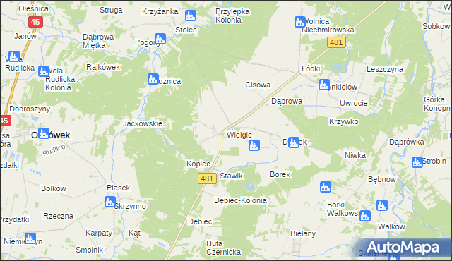 mapa Wielgie gmina Ostrówek, Wielgie gmina Ostrówek na mapie Targeo