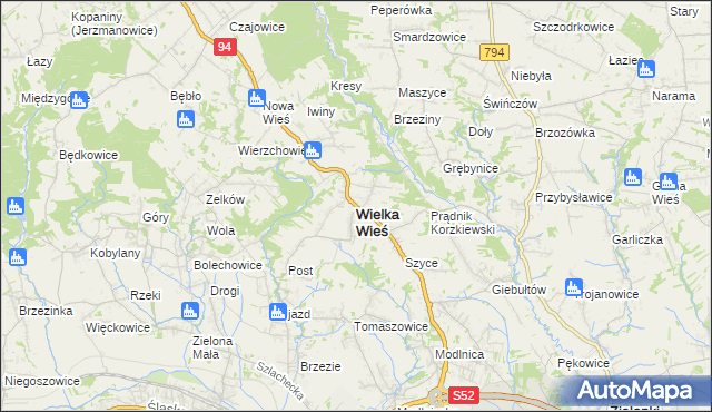 mapa Wielka Wieś powiat krakowski, Wielka Wieś powiat krakowski na mapie Targeo